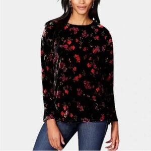 J. Jill Women’s Black and Red Floral Crushed Velvet Long Sleeve Blouse Size L